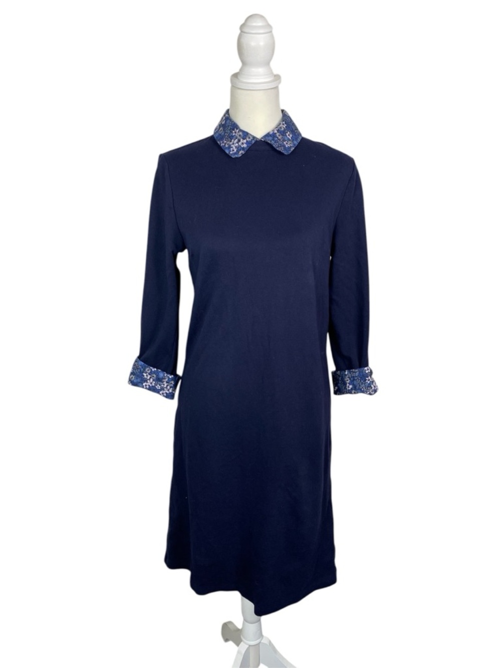 Talbots Navy Shift Dress Floral Removable Peter Pan Collar Preppy Classic Size M